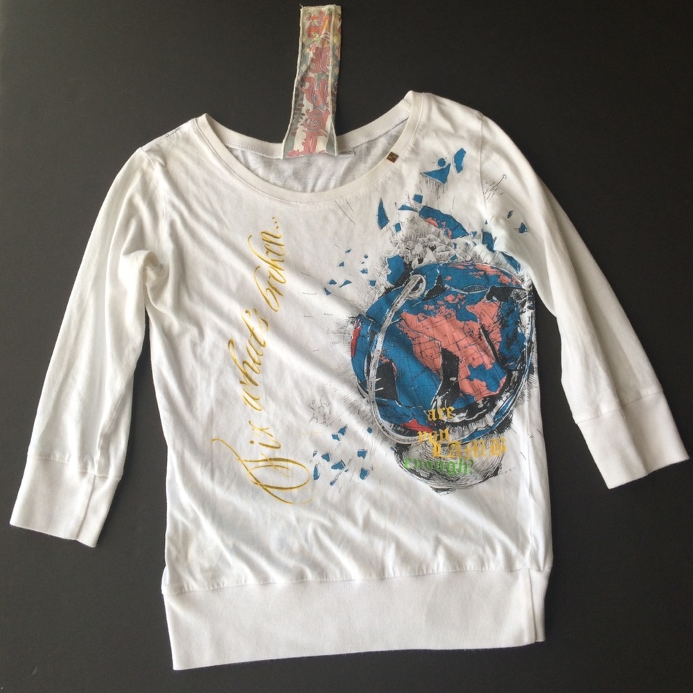 L.A.M.B. SMALL White Graphic Scoop-Neck Top with Blue and Pink Accents